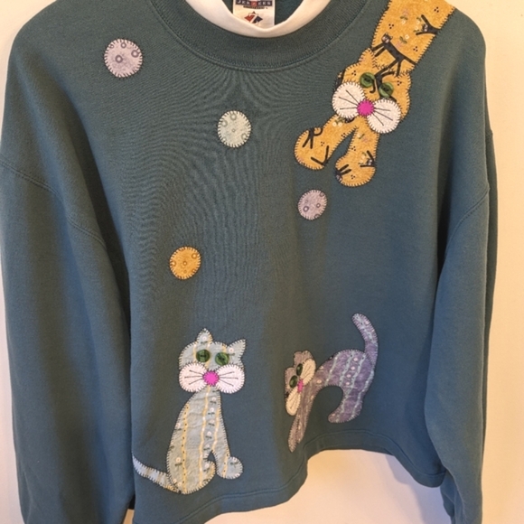 Vintage Jerzees Tag Quilted Stitched Cat Mockneck Cropped Sweatshirt Size Large - Picture 2 of 6